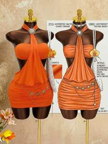 Zestiva Summer New Energetic Orange Solid Color Halter Neck Dress, Metal Decor Hollow Out Back Pleated Bodycon Mini Skirt, Suitable For Dragon Boat Festival, Vacation, Birthday Party, Sexy Vibe - Orange - View 4