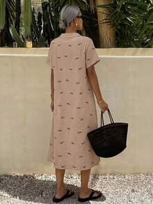 Oversized Women's Panda Print Relaxed Fit Crepe Fabric Nightdress Pajama, Moo Moo Night Dress - Baby Pink - View 2