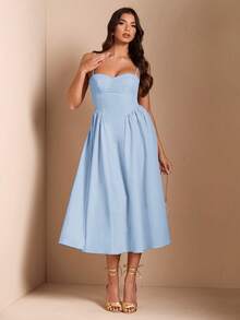 SHEIN BAE Đầm dài tay hai dây bồng bềnh thanh lịch dành cho nữ, thích hợp cho các buổi hẹn hò hàng ngày, đi chơi, hộp đêm, tiệc tùng, mùa thu. - Màu xanh nhạt - Xem 4