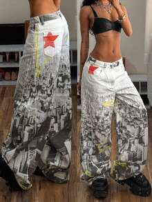 StreetHx Women's Retro City Print Wide Leg Jeans - Multicolor - View 1