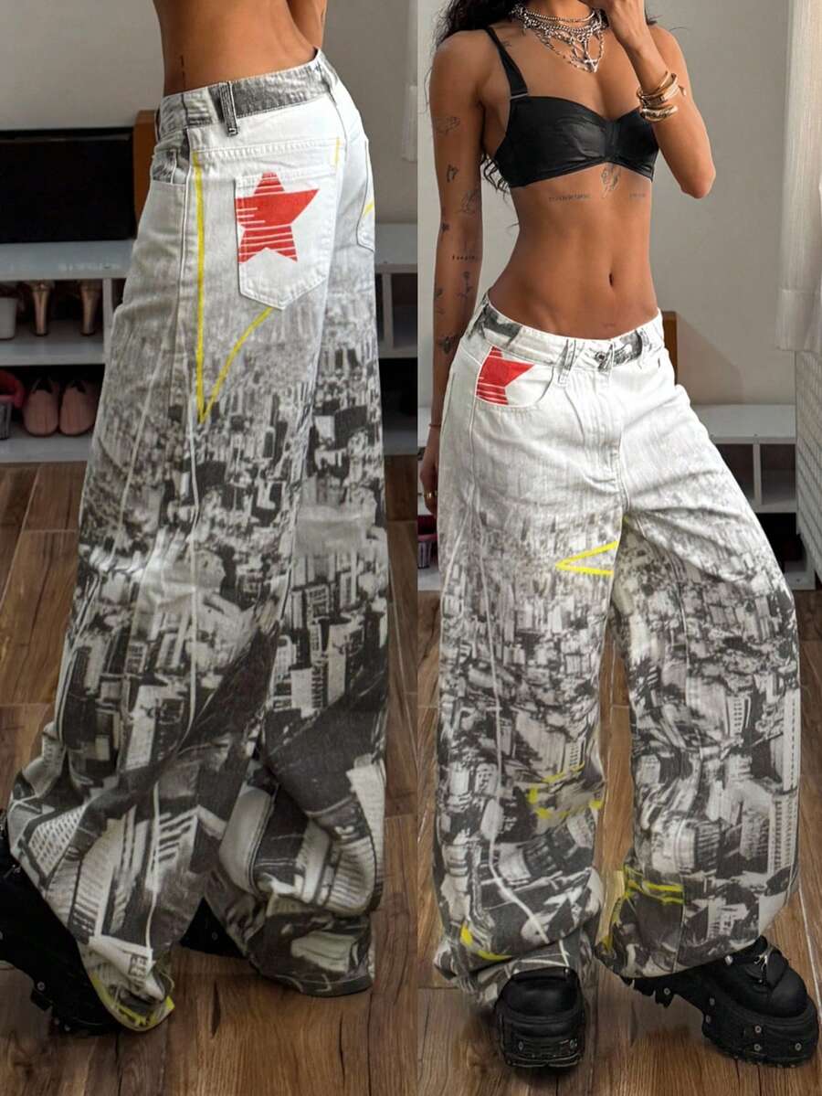 StreetHx Women's Retro City Print Wide Leg Jeans - Multicolor - View 1