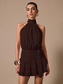 SHEIN BAE 无袖荷叶边下摆纯色迷你连衣裙，优雅甜美可爱修身款，适合浪漫约会、派对、正式聚会、伴娘礼服、夏季连衣裙、下午茶派对、新年、情人节、生日等场合，粉色连衣裙 - 咖啡棕 - 查看 7