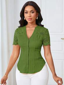 Lunelith SHEIN Lunessa Commuting Minimalist Solid Color Lace Splice Cutout Collar Blouse For Women - Green - View 5