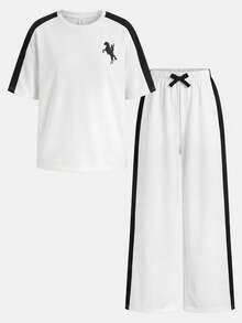SHEIN 少女宽松休闲舒适拼接撞色圆领T恤和裤子套装 - 黑與白 - 查看 3