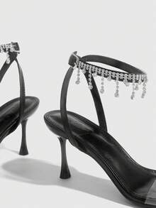 CUCCOO SZL Women Shoes Summer Pointed Black Transparent Film Rhinestone Chain Ankle Strap Open Toe Sexy Fashion Party Nightclub High Heel Sandals - Black - View 5