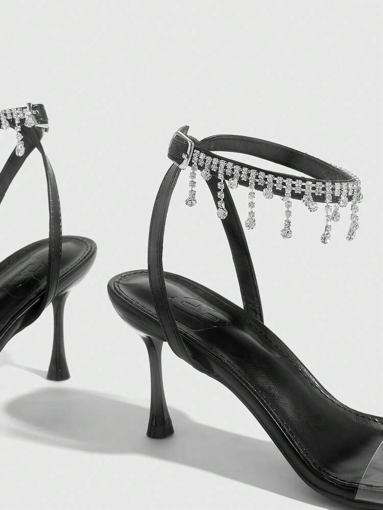 CUCCOO SZL Women Shoes Summer Pointed Slender Heel Black Transparent Film Rhinestone Chain Ankle Strap Open Toe Women's Sandals Sexy Fashion Gorgeous With Skirts Banquet Party Nightclub Women's High Heel Sandals