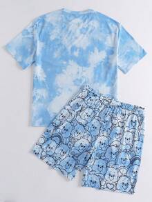SHEIN X Care Bears 男士卡通熊扎染印花圆领短袖上衣和短裤睡衣套装 - 淺藍色 - 查看 2