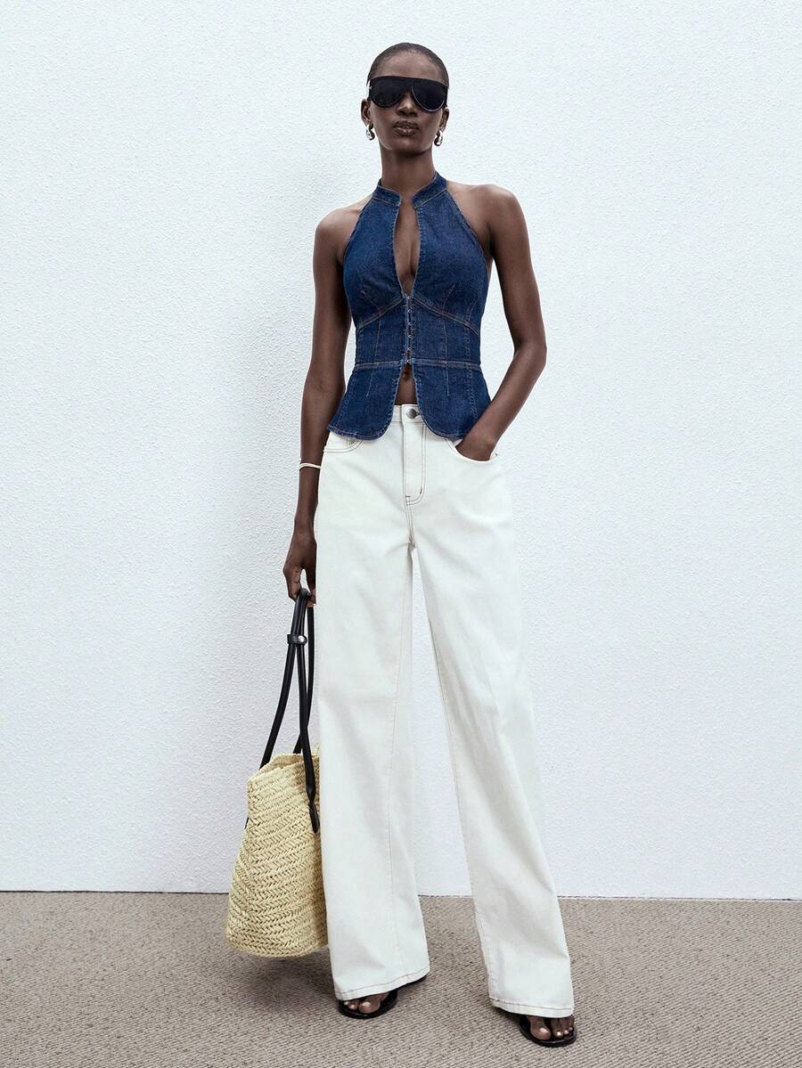 ATUI Studio 女士前扣式修身性感吊带牛仔衬衫 - 藍色 - 查看 1