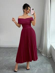 Elenzga Đầm trơn màu trơn, xếp ly, trễ vai dành cho nữ - Màu Đỏ Sâu - Xem 7