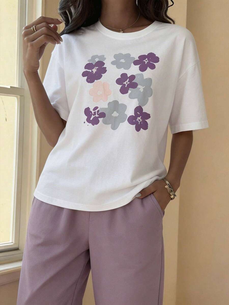 DAZY Floral Print Drop Shoulder Tee & Pants Lounge Set Pajama - Multicolor - View 1