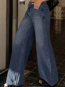 Dazy Tall Women's Tall Oblique Placket Loose Straight Leg Casual Jeans Pants - Blue - View 7