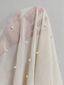 Elenzga Áo kiểu dài tay thanh lịch bằng chiffon đính ngọc trai dành cho nữ cỡ lớn - Màu be - Xem 6