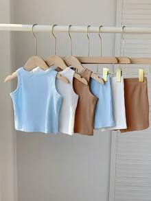 SHEIN 3件套男女宝宝休闲纯色罗纹针织背心套装，春夏宝宝服装 - 彩色 - 查看 2