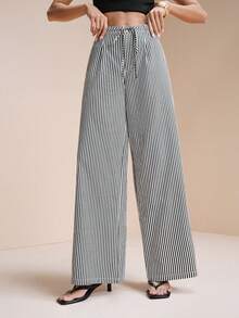 Arave 女士编织收腰条纹设计系带休闲通勤约会时尚都市阔腿裤，黑色 - 黑與白 - 查看 1