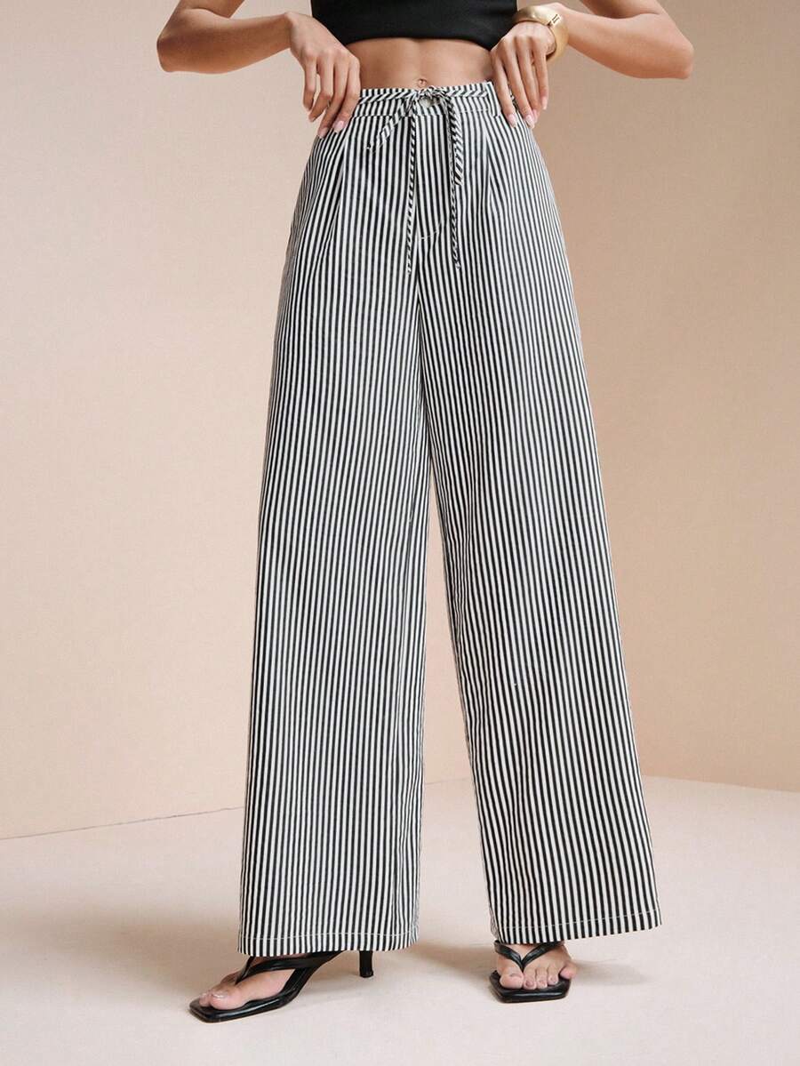 Arave 女士编织收腰条纹设计系带休闲通勤约会时尚都市阔腿裤，黑色 - 黑與白 - 查看 1