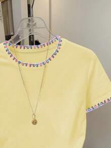 Franclia Women's Round Neck Color Block Casual Versatile Daily Wear Short Sleeve T-Shirt - Yellow - View 3