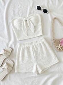 SHEIN Bộ 2 món/Bộ đồ bơi hai dây thắt nơ thoải mái tối giản giản dị cho bé gái tuổi teen - trắng - Xem 2