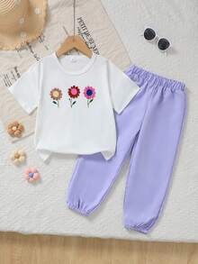 SHEIN Genkimix Kids 两件套女童圆领短袖上衣和裤子，白色上衣饰有花卉刺绣，紫色裤子。适合夏季、休闲、短途旅行，田园甜美风格，柔软可爱。 - 紫色 - 查看 5