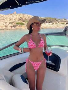 Swim Mod 女士印花露背系带比基尼套装，泳衣上装和下装两件套，适合海滩度假 - 彩色 - 查看 7