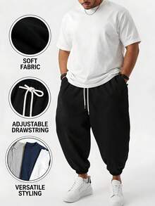 Manfinity Dauomo Plus Size Men's Fashionable Versatile Solid Color Drawstring Sweatpants - Black - View 1