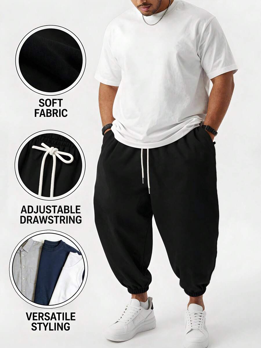 Manfinity Dauomo Plus Size Men's Fashionable Versatile Solid Color Drawstring Sweatpants - Black - View 1