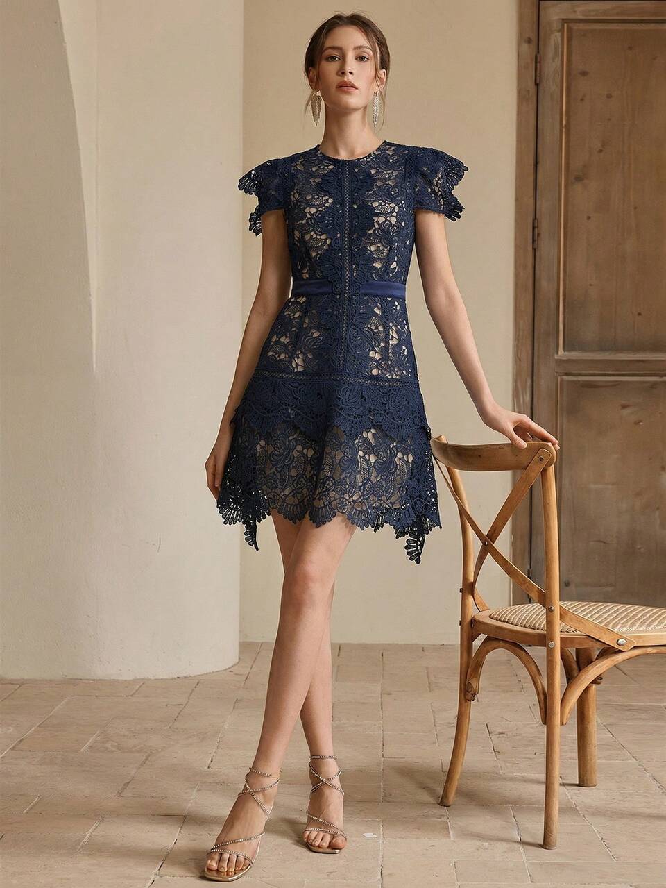 Anewsta Primavera, Boda, Vestido Elegante Romántico de Mujer con Encaje Calado Bordado Nuevo Verano Patchwork Floral Cuello Redondo Manga Corta Cena Azul Marino Floral