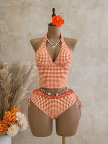 Swim Vcay Women's Tankini 2-Piece Swimwear Set, Plaid Print With Ruffle Trim, Halter Neck Tie Top And Drawstring Bottoms, Summer Beach Swimwear - Orange - View 4