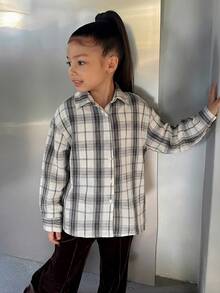 Dazy Kids Tween Girl Plaid Long Sleeve Single-Breasted Casual Shirt - Black and White - View 3