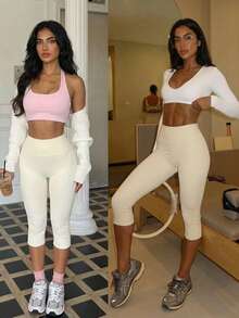 Fluxe 女士纯色高腰七分瑜伽紧身裤 - 淡黃色 - 查看 2