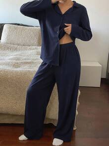 DAZY Women's Solid Color Drop Shoulder Long Sleeve Single-Breasted Top And Pants Simple Knit Comfortable Loungewear Set, Cozy Outfits, Fall Winter Clothes Pajama - Blue - View 1