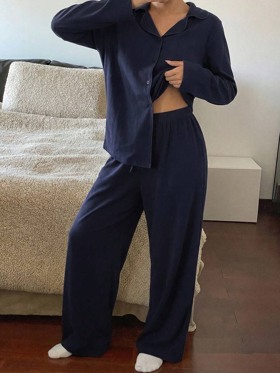 DAZY Women's Solid Color Drop Shoulder Long Sleeve Single-Breasted Top And Pants Simple Knit Comfortable Loungewear Set, Cozy Outfits, Fall Winter Clothes Pajama - Blue - View 1