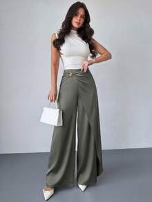 Firerie 女士优雅休闲都市通勤办公装，白色缎面中腰裹身裙裤，金属扣饰，宽松阔腿裤，教师装，机场装，新款春夏秋冬女士裤装，约会，度假，休闲，时尚百搭 - 灰色 - 查看 3