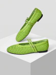 MOTF LADIES LIGHT GREEN FLAT BOTTOM HOLLOW WOVEN HORIZONTAL STRAP BUCKLE MARY JANE SHOES SIMPLE AND ELEGANT VACATION DAILY COMMUTER COLLEGE - Green - View 4