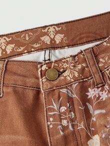 ROMWE Grunge Punk 复古嬉皮风撞色印花超低腰喇叭牛仔裤 - 棕色 - 查看 3