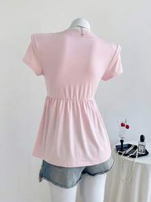 Elamini 女士杏色V领蕾丝边修身舒适百搭T恤，春夏女式上衣，夏季女式短袖上衣，女士休闲上衣 - 粉色 - 查看 2