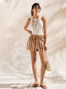 Easelle Quần short nữ kẻ sọc dáng rộng thắt eo kiểu đồng quê - Nhiều màu - Xem 3