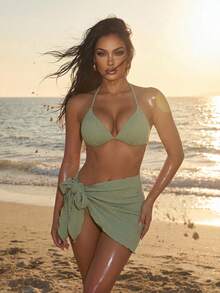 Oceva 夏季海滩纹理比基尼套装聚拢文胸和比基尼泳裤和罩衫 3 件套比基尼 - 薄荷綠 - 查看 5