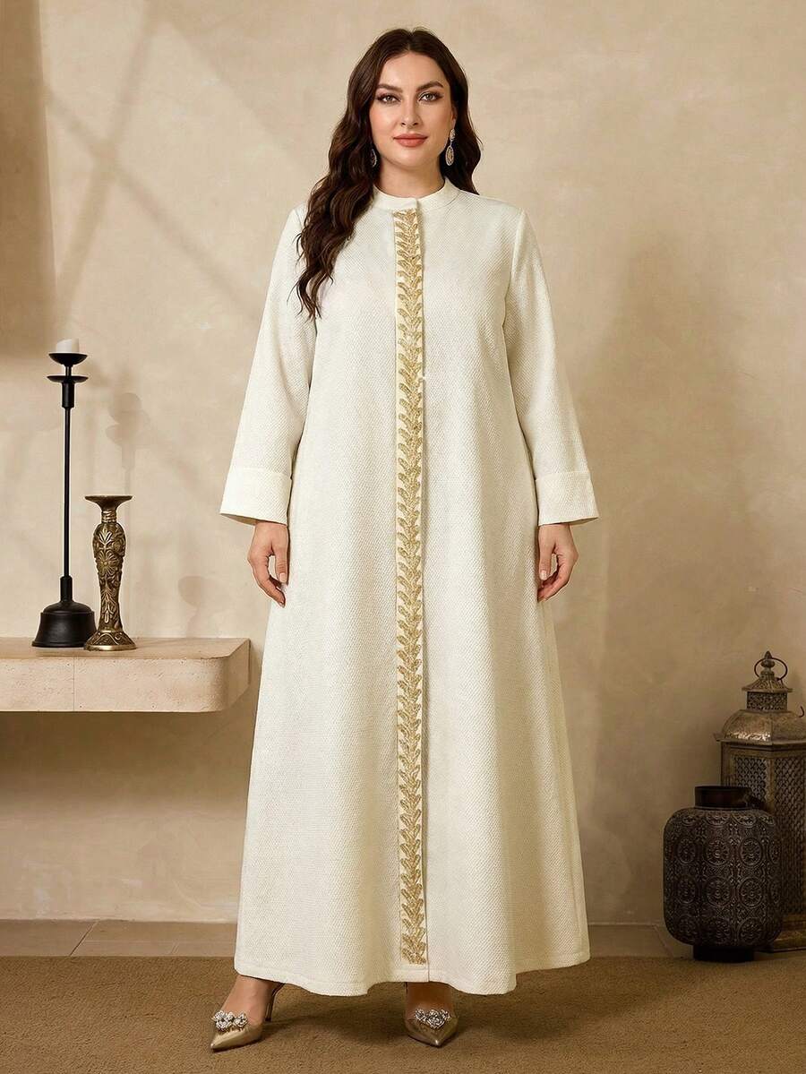 Al Najma Plus Size Women's Turkish Maxi Dress Arabic Traditional Abaya Birthday White Summer Modest - Apricot - View 1