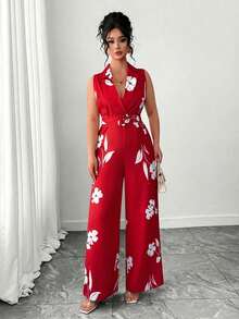 Elenzga Plus Size Women Floral Print Lapel NeckWide Leg Sleeveless Elegant Jumpsuit - Multicolor - View 6