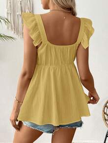 SHEIN Maternity Casual Vacation Style Solid Color Keyhole Neck Ruffle Armhole Babydoll Top Babyshower Summer - Yellow - View 2