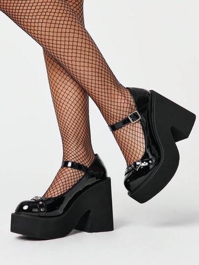 ROMWE Kawaii Women's Shoes Fashion Thick-Soled Wedge Shoes - Casual Punk Style Round Toe Front Row Love Rivet Decorative Shoes - Comfortable And Simple Women's Slip-On Party Women's Shoes