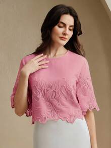 Anewsta New Arrival Spring/Summer Elegant Solid Color Embroidered Sheer Rhinestone Decor Round Neck Sleeveless Top For Women - Pink - View 5