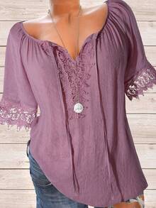 Linhara Plus Size Solid Color Short Sleeve Lace Patchwork Casual Summer T-Shirt For Women - Pink - View 6