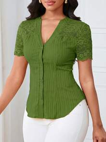 Lunelith SHEIN Lunessa Commuting Minimalist Solid Color Lace Splice Cutout Collar Blouse For Women - Green - View 3
