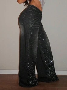 SHEIN Tall Pantalones vaqueros de pierna ancha con cintura alta, lavados y con rhinestones de moda para personas altas - Negro - Ver 3