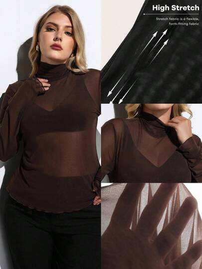 Maija Blusa de manga larga transparente de cuello alto y unicolor para mujer de talla grande, top transparente de manga larga, top transparente para verano, primavera, Día de San Valentín, fiesta, boda en la playa, vacaciones, uso casual