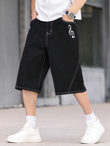 Manfinity EMRG 男士牛仔阔腿印花拼接短裤 - 黑色 - 查看 4