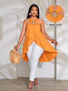 SOLERSUN Plus Size Women's Spring And Summer Fashion Elegant Sexy Leisure Vacation Long Shirt Sleeveless Strap Hanging Neck Twisted Shirt/Blouse, A Front Short Rear Long Cross Overlapping Back Split Solid Color Orange Texture Woven Fabric Wavy Shell Metal Decoration Suitable For Daily Dressing Shopping Date Shopping Beach Dressing Tropical Vacation Music Festival, Quiet Luxury Vacation - Orange - View 3