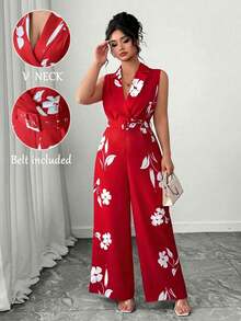 Elenzga Plus Size Women Floral Print Lapel NeckWide Leg Sleeveless Elegant Jumpsuit - Multicolor - View 3