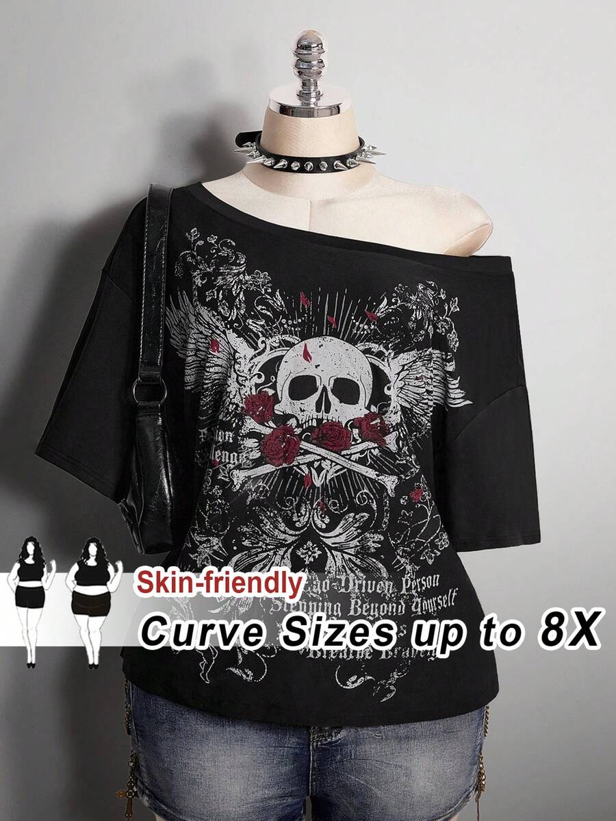 SHEIN CURVE+ 女士加大码哥特朋克图案黑色宽松不对称肩部T恤 - 黑色 - 查看 1